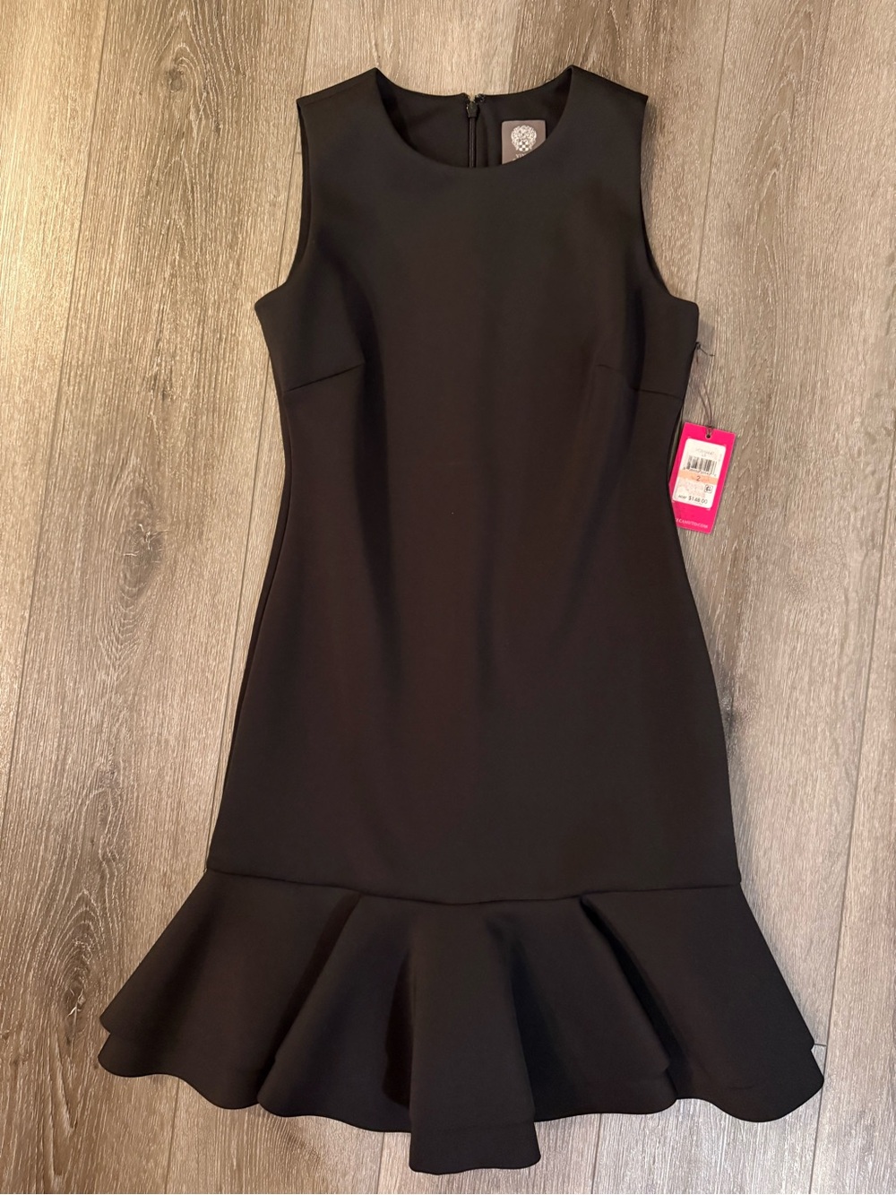 New Vince Camuto Scuba Shift Black Cocktail Dress with Ruffle Hem Size 2